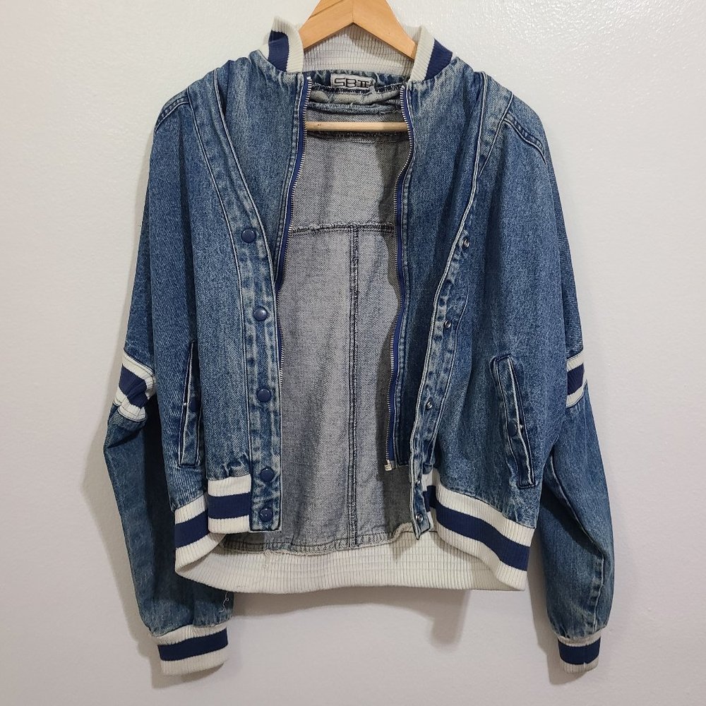 Vintage 80's Retro Bomber Style Jean Jacket Full Zip Snap Buttons Size Medium